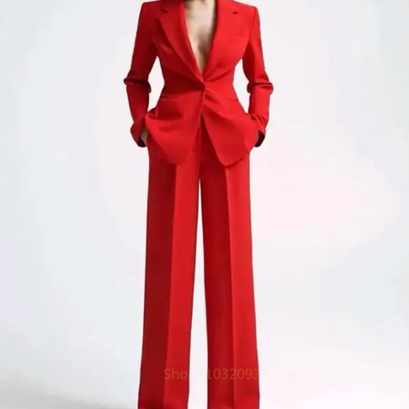 Pants - Red Tailored Women's Pantsuit - Classic Long-Leg Blazer & Trousers
